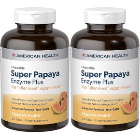 American Health Super Papaya Enzyme Plus Chewable Tablets, Natural Papaya Flavor - Promotes Digestion & Nutrient Absorption, Contains Papain & Other Enzymes - 360 Count - Pack of 2