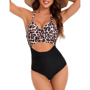 Women's One Piece Swimsuits Sexy Tummy Control Cutout High Cut Color Block Bathing Suit Wrap Tie Back Swimsuit
