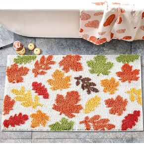 Estmy Colorful Fall Maple Leaves Bath Mat Non Slip Washable 20’’x32’’ Orange Fall Colored Autumn Forest Bathroom Rug Decor, Shaggy Microfiber Cute Harvest Season Thanksgiving Bath Rugs Mat Absorbent