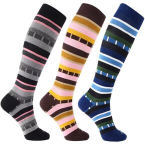 JAVIE Textured Stripe Sport Compression Socks Cotton Knee High for Women & Men Running, Pregnancy, Flight Travel (15-20mmHg)