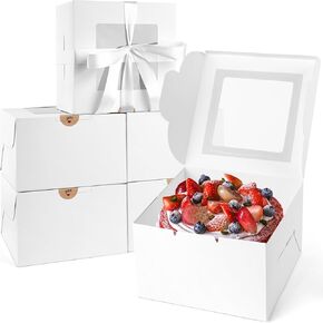 VGOODALL 12PCS Cake Boxes, White Bakery Boxes with Window Cookie Boxes with Stickers for Birthday Party 8" x 8" x 5"