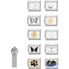 ITingstere Italian Charms Sets 10pcs Gold Assorted Charms and Opening Tools,9mm Modular Charm Bracelet Link Handmade DIY Jewelry Gifts