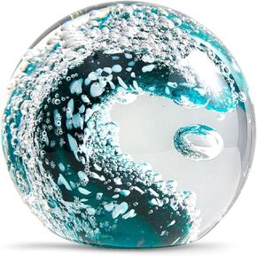 Hand Blown Glass Figurines Ball Ocean Waves Paperweight Glass Ball for Friends Ocean Lovers, Dark Blue and Light Blue with White Bubble Ball Decoration for Home, Office and Aquarium