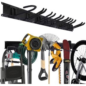 Garage Organization, 48 Inch Garden Tool Organizer Max Load 525 lb, Garage Tool Organizer Wall Mount with 7 Organization Hooks and Bike Hooks, Updated 16 Inch Studs Spacing
