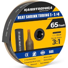 haisstronica 3:1 Heat Shrink Tubing, Shrink Ratio Adhesive Lined Marine Grade Heat Shrink Tube for Home, Automotive and Industrial (Black) 65FT 1-1/4inch