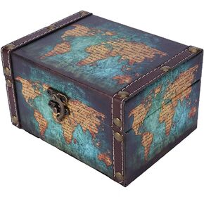 Wooden Storage Box, Treasure Chest World Map Storage Box, European Style Wood Box Handmade Retro Jewelry Trinket Vintage Organizer Display with Lid Keepsake Decorative Desktop Container