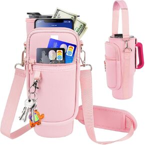 Water Bottle Carrier Bag with Phone Pocket Compatible with Stanley/Simple Modern 30 oz Tumbler with Handle,Water Bottle Holder Pouch with Adjustable Strap Compatible with Stanley Cup Accessories,Black