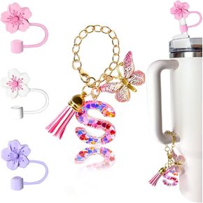 Compatible with Stanley Cup Accessories, Letter Charm and 3Pcs Silicone Straw Cover, 0.4" 10MM Straw Toppers for Stanley 30 40 oz Tumbler, Pink Initial Letter Charm with Butterfly and Tassel, Letter A