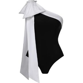 FLAXMAKER One Shoulder Black and White Big Bow Tie Color Block One Piece Vacation Beach Swimsuit and Skirt