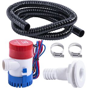 CHANGE MOORE 750GPH Bilge Pump Electric 12V Boat Bilge Water Pump Low Noise 1-1/8 Inch Marine Bilge Pump Plumbing Kit with 6 FT Bilge Pump Hose 2 Clamps and 1 Drainage Outlet