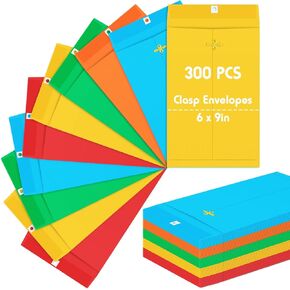 Geyee 300 Pcs 6 x 9 Inch Clasp Envelopes Manilla Envelopes 10 Color Gummed Mailing Envelopes 28lb Kraft Clasp Closure for Storing or Mailing Colored Envelopes for Home Office Business School