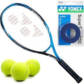 Yonex EZONE Bright Blue 21 Inch Junior Tennis Racquet Starter Set or Kit for Boys Bundled with a 3-Pack of Blue Super GRAP Overgrips and a Can of Tennis Balls