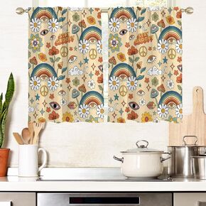 AAtter Retro Mushroom Window Curtains for Kitchen Boho Vintage Floral Hippe Kids Rainbow Small Short Home Living Room Bedroom Bathroom Drapes Treatment Tiers Fabric 1 Pair, 27.5" W x 39" L, Colorful