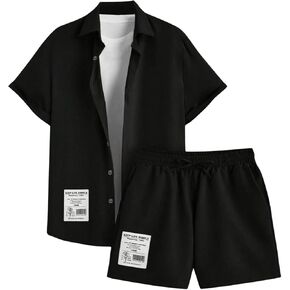 SOLY HUX Men's Short Sets 2 Piece Outfits Letter Patched Button Down Short Sleeve Shirt and Shorts Set