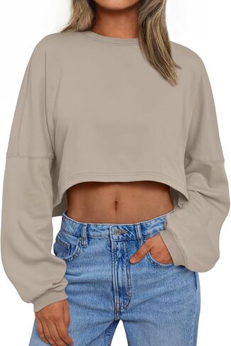 Trendy Queen Womens Crewneck Sweatshirts Oversized Crop Tops Long Sleeve Shirts Gym Clothes Fall Winter Fashion Outfits 2024 in Kuwait