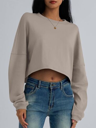 Trendy Queen Womens Crewneck Sweatshirts Oversized Crop Tops Long Sleeve Shirts Gym Clothes Fall Winter Fashion Outfits 2024 in Kuwait