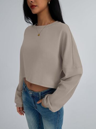 Trendy Queen Womens Crewneck Sweatshirts Oversized Crop Tops Long Sleeve Shirts Gym Clothes Fall Winter Fashion Outfits 2024 in Kuwait