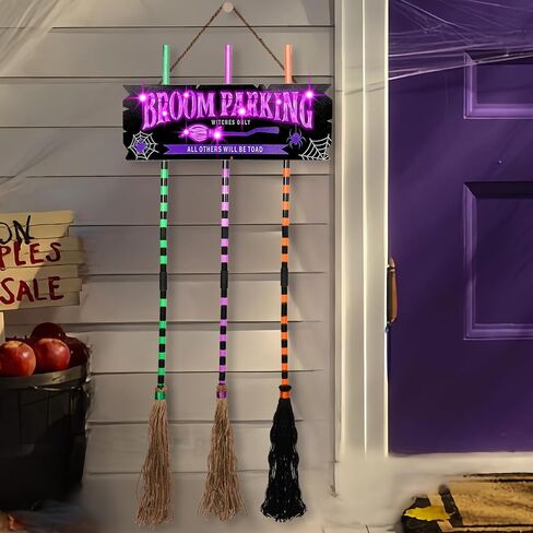 Pop Clap Halloween Decorations Door Broom Parking Sign Purple LED Lights Witches Broom Hocus Pocus for Porch Front Indoor Outdoor Hanging Wall Decor in Saudi Arabia
