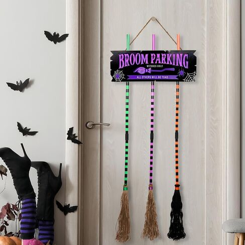 Pop Clap Halloween Decorations Door Broom Parking Sign Purple LED Lights Witches Broom Hocus Pocus for Porch Front Indoor Outdoor Hanging Wall Decor in Saudi Arabia