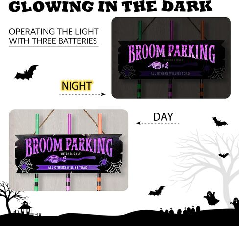 Pop Clap Halloween Decorations Door Broom Parking Sign Purple LED Lights Witches Broom Hocus Pocus for Porch Front Indoor Outdoor Hanging Wall Decor in Saudi Arabia