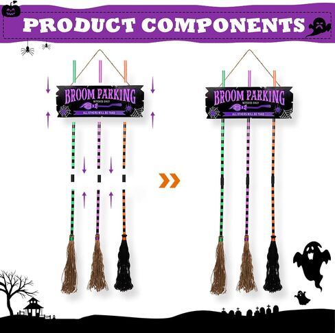 Pop Clap Halloween Decorations Door Broom Parking Sign Purple LED Lights Witches Broom Hocus Pocus for Porch Front Indoor Outdoor Hanging Wall Decor in Saudi Arabia