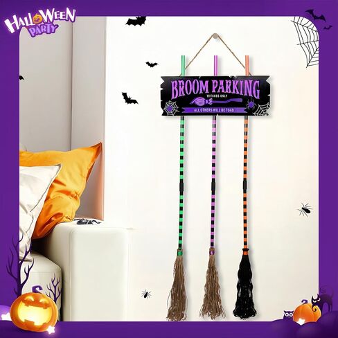 Pop Clap Halloween Decorations Door Broom Parking Sign Purple LED Lights Witches Broom Hocus Pocus for Porch Front Indoor Outdoor Hanging Wall Decor in Saudi Arabia