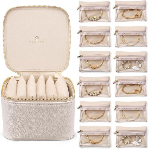 منظم صندوق المجوهرات الصغير من Vlando، تخزين مجوهرات السفر مع 6 جيوب بسحاب للمجوهرات المخملية، حقيبة مجوهرات فاخرة على شكل بتلات للنساء والفتيات هدايا عيد الحب لنفسك in Kuwait