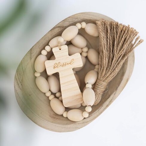 Wood Bead Garland with Blessed Cross, Blessing Beads with Wooden Cross, Beaded Cross Decor, Decorative Beads for Farmhouse Decor in Saudi Arabia