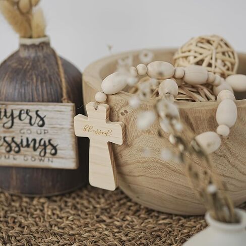 Wood Bead Garland with Blessed Cross, Blessing Beads with Wooden Cross, Beaded Cross Decor, Decorative Beads for Farmhouse Decor in Saudi Arabia