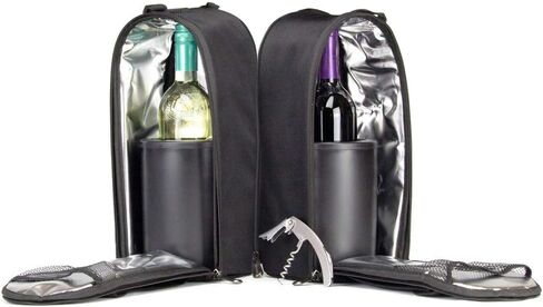 CaddyO Dual Travel Tote with 2 Wine Chillers, adjustable shoulder strap, 6 storage pockets, Sommelier Bottle Opener, 3 layers insulation. Zips apart - becomes two individual totes. in Saudi Arabia
