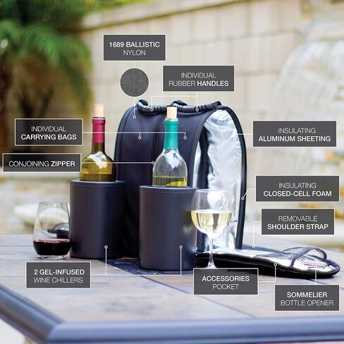 CaddyO Dual Travel Tote with 2 Wine Chillers, adjustable shoulder strap, 6 storage pockets, Sommelier Bottle Opener, 3 layers insulation. Zips apart - becomes two individual totes. in Saudi Arabia