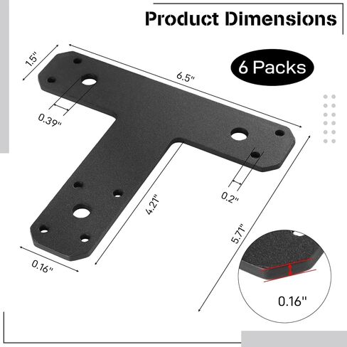 Flat Mending Plates, 6 Pcs Post to Beam Metal Flat Support Plates 6.5 x 5.7’’, Heavy-Duty Iron T-Shaped Brackets Braces for Beams, Furniture Seam/Joint/Crack Repair in Saudi Arabia