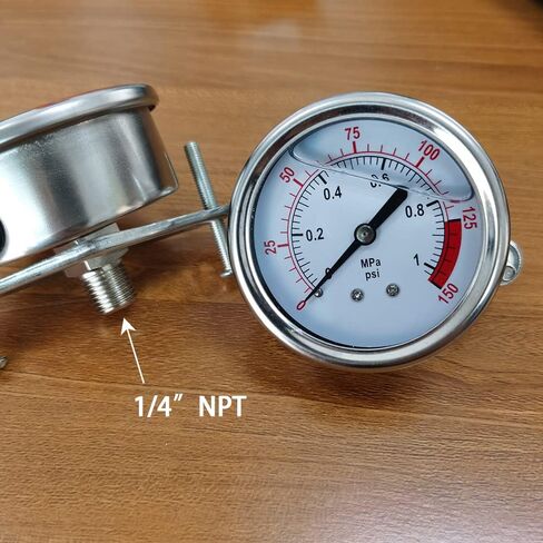 اختبار قياس ضغط المياه بحجم قرص 2-1/2 بوصة، مقياس الضغط المملوء بالجلسرين، 0-150 رطل لكل بوصة مربعة/كيلو باسكال، علبة من الفولاذ المقاوم للصدأ 304، حامل خلفي مركزي 1/4 بوصة NPT. in Kuwait