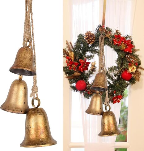 Bell Chime 3 Pcs Bells Relaxing Tranquil Christmas Decor Christmas Bells Cow Bells Rustic Hanging Bell with Rope Iron Xmas Garden Bells Retro Metal Bells Outdoor Harmony Bells, Home Decor in Saudi Arabia