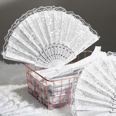 Yalikop 100 Pieces Rose Lace Floral Hand Fans Retro Elegant Chinese Folding Fan White Vintage Bridal Handheld Dancing Fan Props for Wedding Party Church Ladies Favors (Silver) in Kuwait