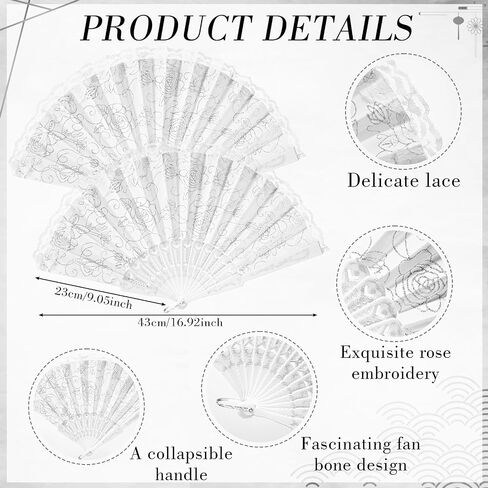 Yalikop 100 Pieces Rose Lace Floral Hand Fans Retro Elegant Chinese Folding Fan White Vintage Bridal Handheld Dancing Fan Props for Wedding Party Church Ladies Favors (Silver) in Kuwait