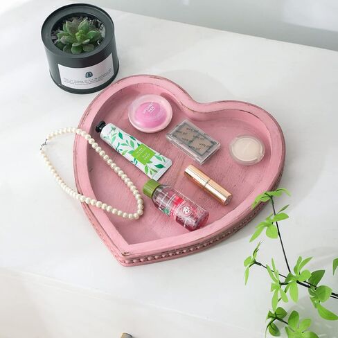 Heart Shaped Decorative Tray, Wooden Tray for Decor Coffee Table Dinning Table, Kitchen Island Decor Centerpiece, Farmhouse Tray Beaded Distressed Pink in Kuwait