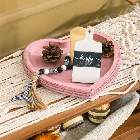 Heart Shaped Decorative Tray, Wooden Tray for Decor Coffee Table Dinning Table, Kitchen Island Decor Centerpiece, Farmhouse Tray Beaded Distressed Pink in Kuwait