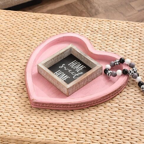 Heart Shaped Decorative Tray, Wooden Tray for Decor Coffee Table Dinning Table, Kitchen Island Decor Centerpiece, Farmhouse Tray Beaded Distressed Pink in Kuwait