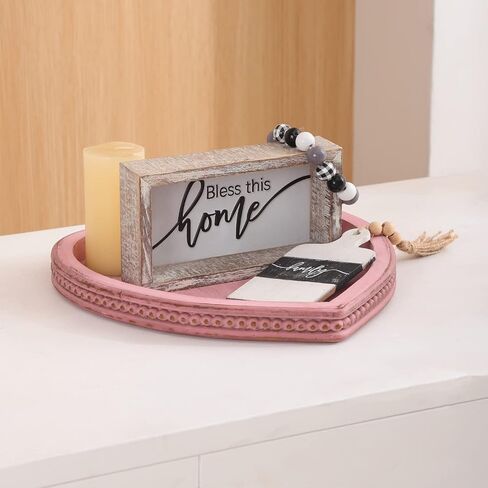 Heart Shaped Decorative Tray, Wooden Tray for Decor Coffee Table Dinning Table, Kitchen Island Decor Centerpiece, Farmhouse Tray Beaded Distressed Pink in Kuwait