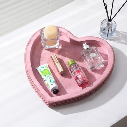 Heart Shaped Decorative Tray, Wooden Tray for Decor Coffee Table Dinning Table, Kitchen Island Decor Centerpiece, Farmhouse Tray Beaded Distressed Pink in Kuwait