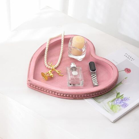 Heart Shaped Decorative Tray, Wooden Tray for Decor Coffee Table Dinning Table, Kitchen Island Decor Centerpiece, Farmhouse Tray Beaded Distressed Pink in Kuwait