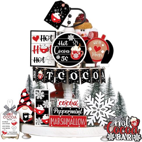 Dandat 17 Pcs Christmas Tiered Tray Decor Hot Cocoa Bar Supplies Christmas Wooden Signs Winter Tiered Tray Decorations Set Farmhouse Christmas Table Decorations for Home Table Shelf in Kuwait