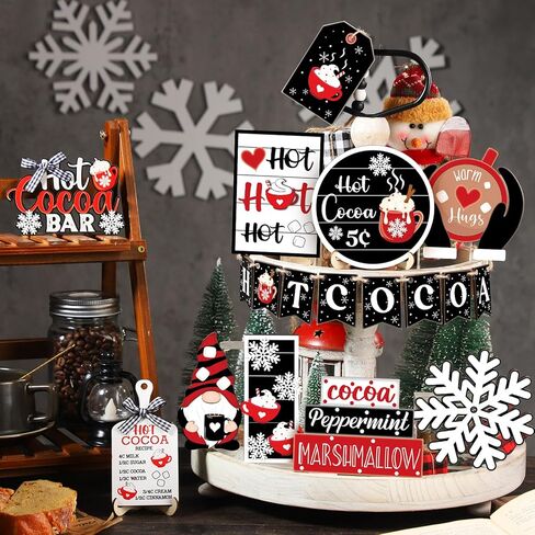 Dandat 17 Pcs Christmas Tiered Tray Decor Hot Cocoa Bar Supplies Christmas Wooden Signs Winter Tiered Tray Decorations Set Farmhouse Christmas Table Decorations for Home Table Shelf in Kuwait