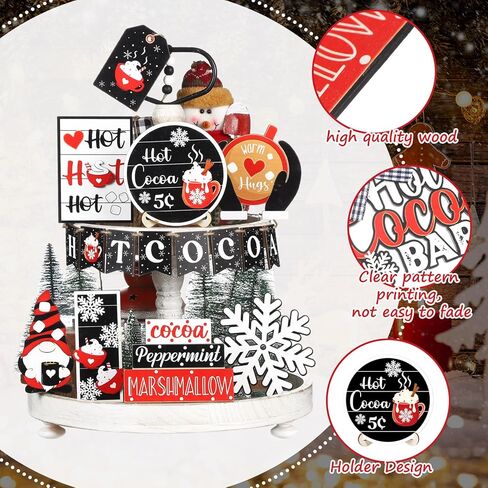 Dandat 17 Pcs Christmas Tiered Tray Decor Hot Cocoa Bar Supplies Christmas Wooden Signs Winter Tiered Tray Decorations Set Farmhouse Christmas Table Decorations for Home Table Shelf in Kuwait