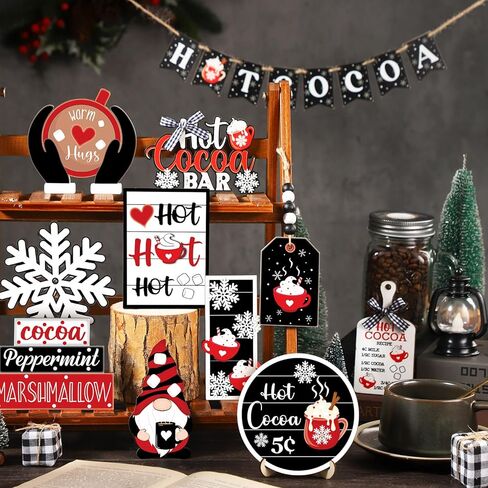 Dandat 17 Pcs Christmas Tiered Tray Decor Hot Cocoa Bar Supplies Christmas Wooden Signs Winter Tiered Tray Decorations Set Farmhouse Christmas Table Decorations for Home Table Shelf in Kuwait