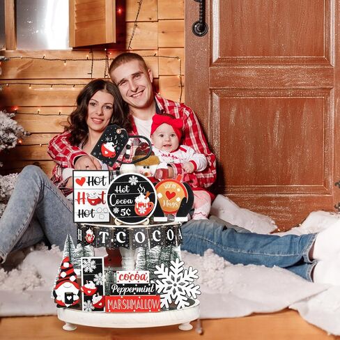 Dandat 17 Pcs Christmas Tiered Tray Decor Hot Cocoa Bar Supplies Christmas Wooden Signs Winter Tiered Tray Decorations Set Farmhouse Christmas Table Decorations for Home Table Shelf in Kuwait