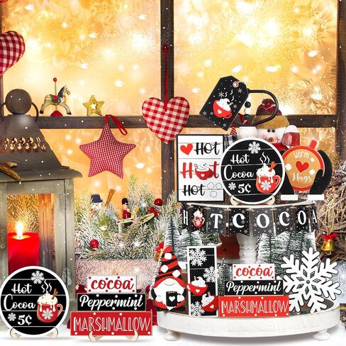 Dandat 17 Pcs Christmas Tiered Tray Decor Hot Cocoa Bar Supplies Christmas Wooden Signs Winter Tiered Tray Decorations Set Farmhouse Christmas Table Decorations for Home Table Shelf in Kuwait