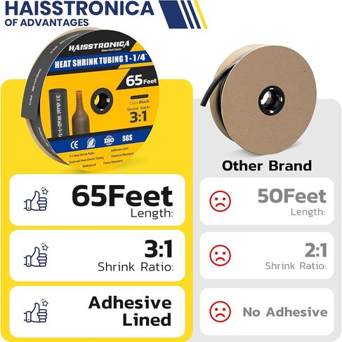 haisstronica 3:1 Heat Shrink Tubing, Shrink Ratio Adhesive Lined Marine Grade Heat Shrink Tube for Home, Automotive and Industrial (Black) 65FT 1-1/4inch in Saudi Arabia