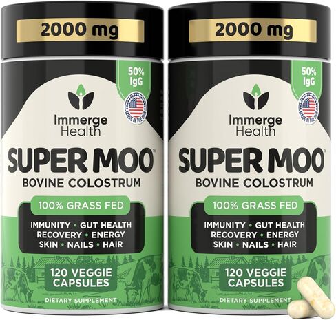 Super Moo Grass Fed Bovine Colostrum - 120 Capsules - Gut Health, Muscle Recovery, Energy, Hair, Skin and Immune Supplement | 50% IgG Cow Colostrum for Humans | Superfood, Gluten Free, Unflavored. in Saudi Arabia